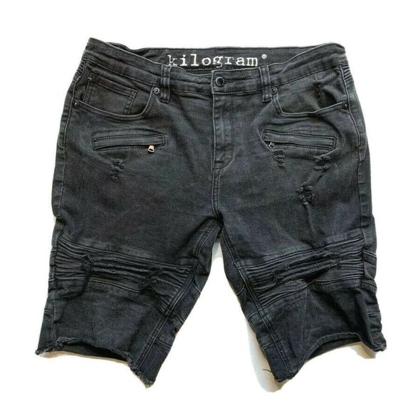 Kilogram Jean Denim Cut Off Biker Shorts Mens 36 Destroyed‎ Quilted Stretch Moto - Picture 1 of 12